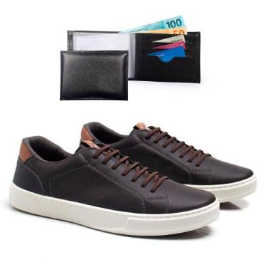 Imagem de Tênis Masculino Casual Cadarço Moderno + Carteira Kit - Épico, 43, Mar