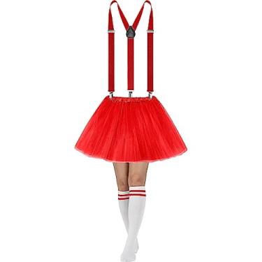 Imagem de Sintege 3 peças de fantasia de tutu feminina, saia tutu de tule de 5 camadas e alças elásticas ajustáveis nas costas meias listradas, Vermelho, Tamanho Único