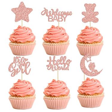 Imagem de Gyufise 24 peças de enfeite de cupcake para chá de bebê, lua ouro rosa, glitter, urso, estrela, It's a Girl Hello World Género Revelação de Cupcake, chá de bebê, meninas, festa de aniversário, suprimentos para decoração de bolos