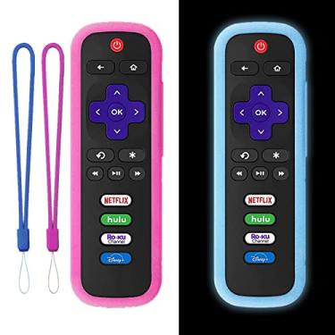 Imagem de Pacote com 2 capas de controle remoto universal para Roku TV | Capa protetora de silicone para controle Roku Express 4K+ 2021 | Roku Streaming Stick+ | Capa Roku TCL Hisense com cordões que brilham azul e vermelho rosa (não brilham)