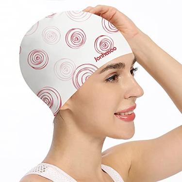 Imagem de Jonhasoo Touca de natação de silicone para mulheres, touca de natação de cabelo longo impermeável com estampa de listras coloridas (círculo-branco)