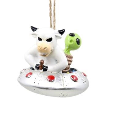 Imagem de Enfeite de pires voadores Bella Haus Christmas Shoppe com toque de abdução alienígena | Decoração de Natal hilária de OVNIs e vacas | Ideal para troca de presentes secretos de Papai Noel e elefante