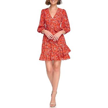 Imagem de Eliza J Vestido curto feminino manga 3/4 gola V, vermelho, Vermelho, 38