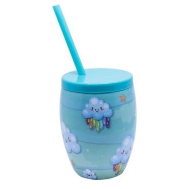Imagem de Copo Infantil Azul Nuvem Com Tampa E Canudo 650ml - Injetemp