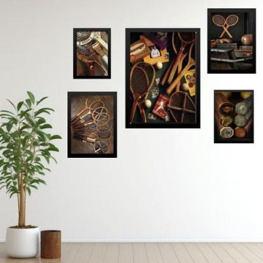 Imagem de Kit 5 Quadros Tênis Vintage - Raquetes - Quadros On-line, Madeira bran