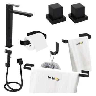 Imagem de Kit Acessórios Banheiro Completo Preto Fosco + Acabamento Metal Padrão