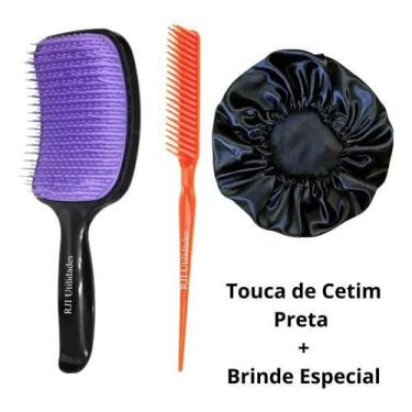 Imagem de Kit Escova Cabelo Raquete, Pente 3 Fileiras, Touca Cetim - RJI Utilida