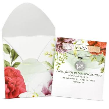 Imagem de Colar com pingente de fé de aço inoxidável com cartão e envelope inspiradores - Colar feminino com versículo bíblico de prata de 45,7 cm - Hebreus 11:1 gravado nas costas - Joias Faith para mulheres -