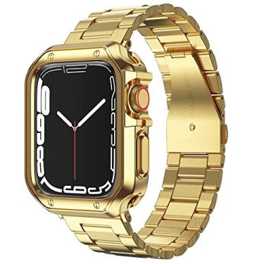 Imagem de Compatível com pulseira e capa para Apple Watch, corrente de metal de aço inoxidável com capa de TPU, pulseira de elos de relógio inteligente, pulseira para i-Watch Series 10, 46 mm, ouro