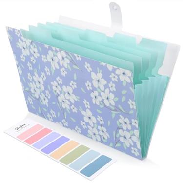 Imagem de SKYDUE Pasta expansível com 6 bolsos, organizador de arquivos de acordeão floral para documentos importantes, suporte de papel de recibo expansível, material de escritório escolar roxo