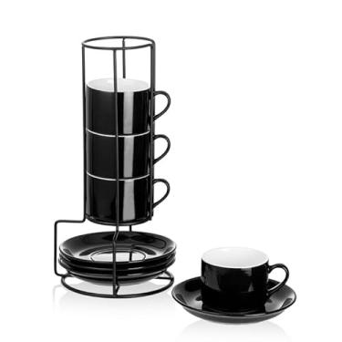 Imagem de Meichu Copos de café expresso empilháveis de porcelana de 118 ml com pires e suporte de metal, conjunto de 4 xícaras de cappuccino empilháveis, conjunto de xícaras expresso pretas para bebidas de café
