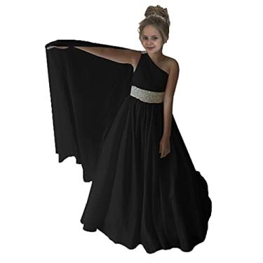Imagem de Junguan Vestido de concurso feminino de chiffon de um ombro só, vestido de festa de aniversário infantil com capa rodada TF025, Preto, 8