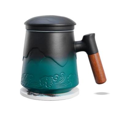 Imagem de ZENS Caneca de chá com infusor e tampa para infusor de chá de folhas soltas, xícara de chá de cerâmica com cabo de madeira de 440 ml com coadores finos e porta-copos de absorção para presentes para