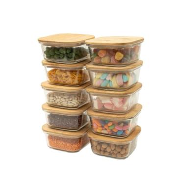 Imagem de kit 10 potes de vidro 550ml com tampa de bambu hermético quadrados - Tud