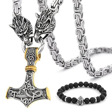Imagem de Colar BaviPower de dois tons com pingente de martelo Thor banhado a ouro 18 quilates de aço inoxidável com cabeça de lobo corrente bizantina nórdica escandinava viking joia para homens e mulheres