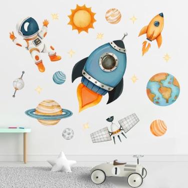 Imagem de Yovkky Adesivos de parede de astronauta do espaço sideral, planetas foguete espaçonave galáxia decoração de berçário de bebê, sistema solar, estrelas, decorações para casa, meninos, crianças, quarto