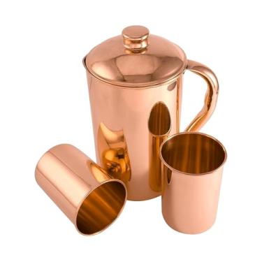 Imagem de 2activelife Jarra de cobre 100% puro 1,500 ml com 2 copos | Jarro simples de água potável com copos | Conjunto de jarro de cobre com tampa e copos | Alça para garrafa de água | Benefícios para a saúde