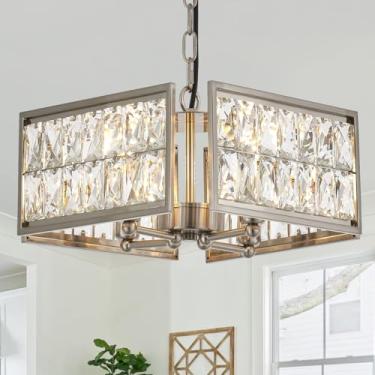 Imagem de Salaiwei Lustres De Cristal Modernos De 12” E 4 Luzes, Luminária De Sala De Jantar De Níquel, Lustre Quadrado Com Pingente De Ilha De Cozinha, Luz De Teto Embutida Para Sala De Estar, Entrada, Quart