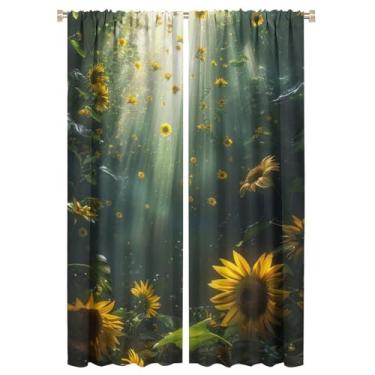 Imagem de Cortina blackout para sala de arte de girassol, raios de sol de floresta verde lançados no girassol bela cortina decorativa de paisagem natural, cortinas de arte de flores estilo amarelo, cortina