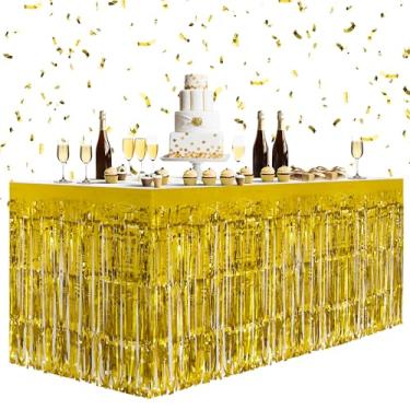 Imagem de Pacote com 2 saias de mesa douradas, 73,66 x 274,32 cm, folhas metálicas com franja, para mesas retangulares, cortinas de flâmula, pano de fundo, decorações de festa para aniversários, casamentos,