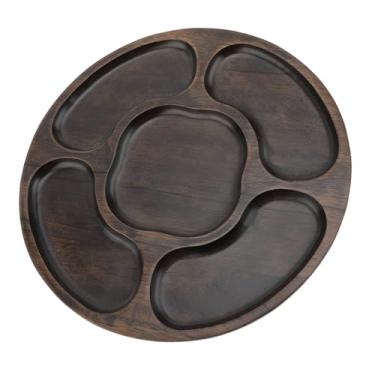 Imagem de Bandeja de Lascas Redondas de Madeira e Mergulho Com 5 Compartimentos, Prato de Lanches para Festas de Nozes de Aperitivos de Doces, Bandeja de Servir Dividida