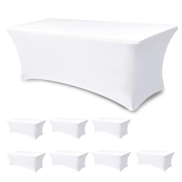 Imagem de Enjoyidea Capa de mesa para mesas retangulares de 1,8 m - pacote com 8 toalhas de mesa brancas elásticas elásticas de elastano 1,8 m para festa, exibição de estande de fornecedor, evento de buffet de