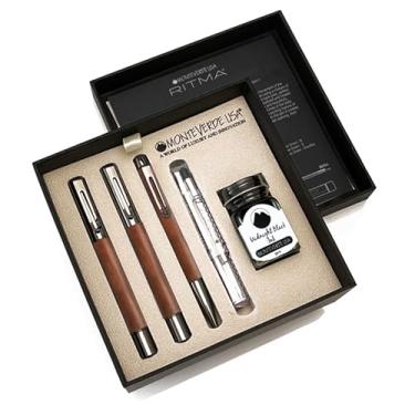 Imagem de Monteverde Conjunto de presente Ritma com 3 + 2 peças, nogueira – Inclui caneta-tinteiro de ponta flexível, esferográfica, tinta de 30 ml e refil – Ideal para escritores e colecionadores criativos