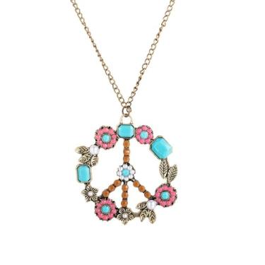 Imagem de Colar com pingente de sinal de paz estilo hippie boêmio para acessórios de festa dos anos 60 e 70 usando joias à beira-mar, 5.3cm, Liga de aço, Zircão