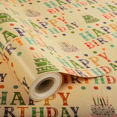 Imagem de Dtiafu Conjunto de papel de embrulho de aniversário Kraft para crianças, meninos, meninas - Bolo colorido, letras de feliz aniversário e design de pontos, embrulho de presente para festa de