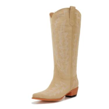Imagem de Souactimuy Botas femininas caubói de panturrilha larga, plus size, cano alto, estilo ocidental, sem cadarço, bico fino, salto baixo grosso, Bege, 11 Wide