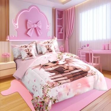 Imagem de Conjunto de edredom infantil casal de dragão, flores de pêssego rosa, desenho animado, fantasia, animal mágico, edredom com edredom, lençol de cima, lençol com elástico, fronhas e fronhas, reversível