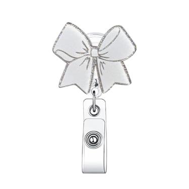 Imagem de Carretel de crachá de laço branco, carretel retrátil, lindo clipe de crachá, clipe retrátil de acrílico com glitter, porta-cartão de identificação, suporte de crachá para trabalhador de enfermagem