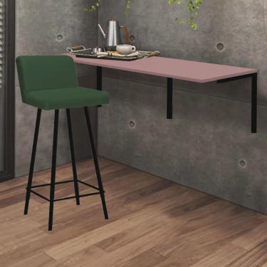 Imagem de Kit Mesa Suspensa de Parede Fixa mdf Rosa + 1 Banqueta Lexi Ferro Preto Suede Verde - Ahazzo Móveis