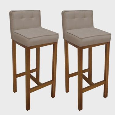 Imagem de Kit 02 Banqueta Alta Com Encosto Alba Cozinha Balcão Bistrô Base Madeira Castanho Suede Bege - Ahazzo Móveis