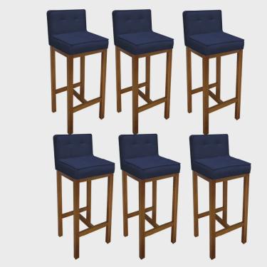 Imagem de Kit 06 Banqueta Alta Com Encosto Alba Cozinha Balcão Bistrô Base Madeira Castanho Suede Azul Marinho - Ahz Móveis
