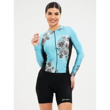 Imagem de Camisa Para Ciclismo Manga Longa Feminina Flowers Turquesa Savancini (