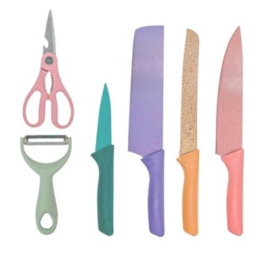 Imagem de Conjunto de Facas de Cozinha Coloridas, 6 Peças, Aço Inoxidável, Inclui Faca de Chef 20cm, Faca de Pão, Cutelo, Faca de Aparar, Tesoura e Descascador