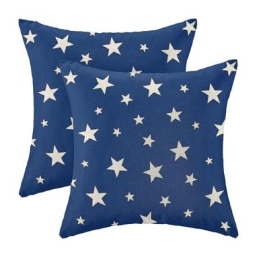 Imagem de CXMEIFLY 4 de julho, conjunto de 2 capas de travesseiro 56 x 55 cm com 2 almofadas decorativas de estrela azul branca do Dia da Independência bandeira americana patriótica dos EUA para decoração de