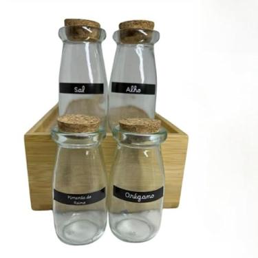Imagem de Kit Potes para Temperos em Vidro com tampa estilo Rolha + Cartela com Etiquetas(4 Potes + Cartela)
