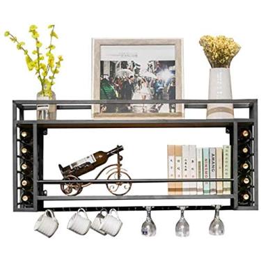 Imagem de Prateleira de vinho pendente para garrafas, suporte para copos de vinho, prateleira de exibição - preto metal teto suporte para garrafas de vinho cubo prateleira flutuante pendente decoração de casa