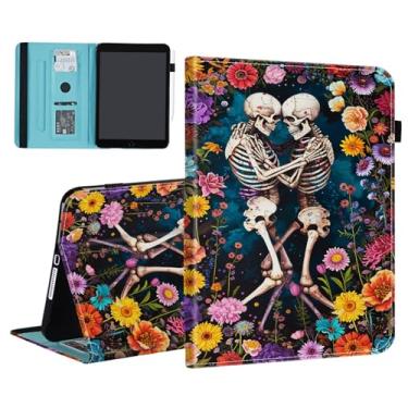 Imagem de BFUKVOU Capa para Samsung Galaxy Tab S9 FE 5G 10,9 polegadas/Galaxy Tab S9 11 polegadas 2023, slot para cartão, capa de couro PU TPU com suporte para caneta, hibernar automaticamente, caveira de flor