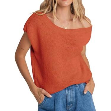 Imagem de Balimtoy Blusa feminina de crochê com um ombro de fora, assimétrico, manga curta, solta, camiseta casual de tricô, Laranja, M