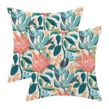 Imagem de AEIOAE Conjunto de 2 capas de almofada florais, 45,7 x 45,7 cm, verde coral laranja com folhas de flores decorativas para uso ao ar livre, casa de fazenda, azul petróleo, fronha para sofá, decoração