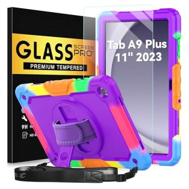 Imagem de BLOSOMEET Capa roxa para Samsung Galaxy Tab A9 Plus 2023 com protetor de tela de vidro temperado, suporte para lápis, alça de mão e suporte, capa infantil para tablet Galaxy A9 Plus com alça de ombro
