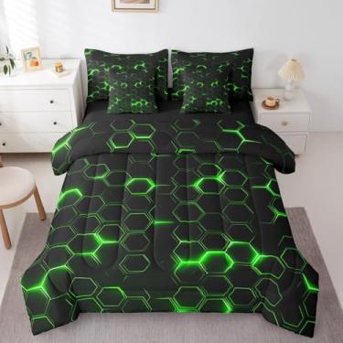 Imagem de jejeloiu Conjunto de edredom de colmeia com lençol casal com tema geométrico hexagonal, 7 peças, para meninos, adultos, adolescentes, verde, luzes neon hexagonais, decoração de quarto