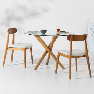 Imagem de Conjunto Mesa de Jantar Thai Redonda Vidro Incolor - 1,10m + 2 Cadeiras Nord Encosto Madeira Texture - Off White