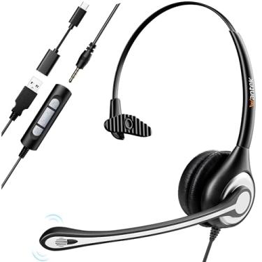 Imagem de Wantek Fone de Ouvido USB com Microfone, Cancelamento de Ruído, Compatível com PC, Laptop, Mac, iOS e Android, Conector USB e 3,5 mm, Preto