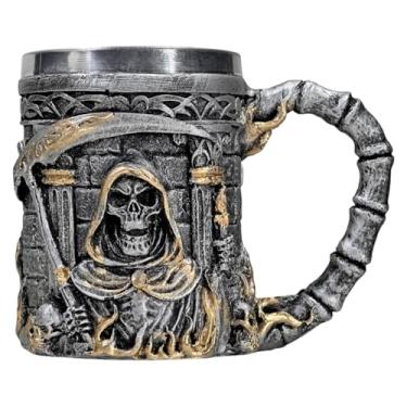 Imagem de Caneca Caveira Exu Umbanda Candomblé Chopp Resina Inox 350ml (Prata e Dourado)