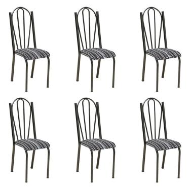Imagem de Kit 6 Cadeiras De Cozinha Alasca Estampado Preto Listrado Pés De Ferro Cromo Preto - Pallazio