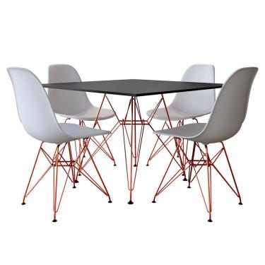 Imagem de Mesa De Jantar Eames Eiffel Quadrada Preta 90Cm Com 4 Cadeiras Brancas Base Ferro Cobre